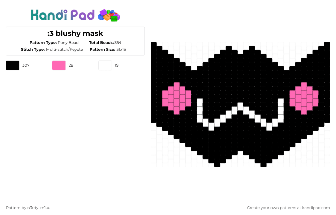:3 blushy mask - Pony Bead Pattern by n3rdy_m1ku on Kandi Pad - black,white,pink