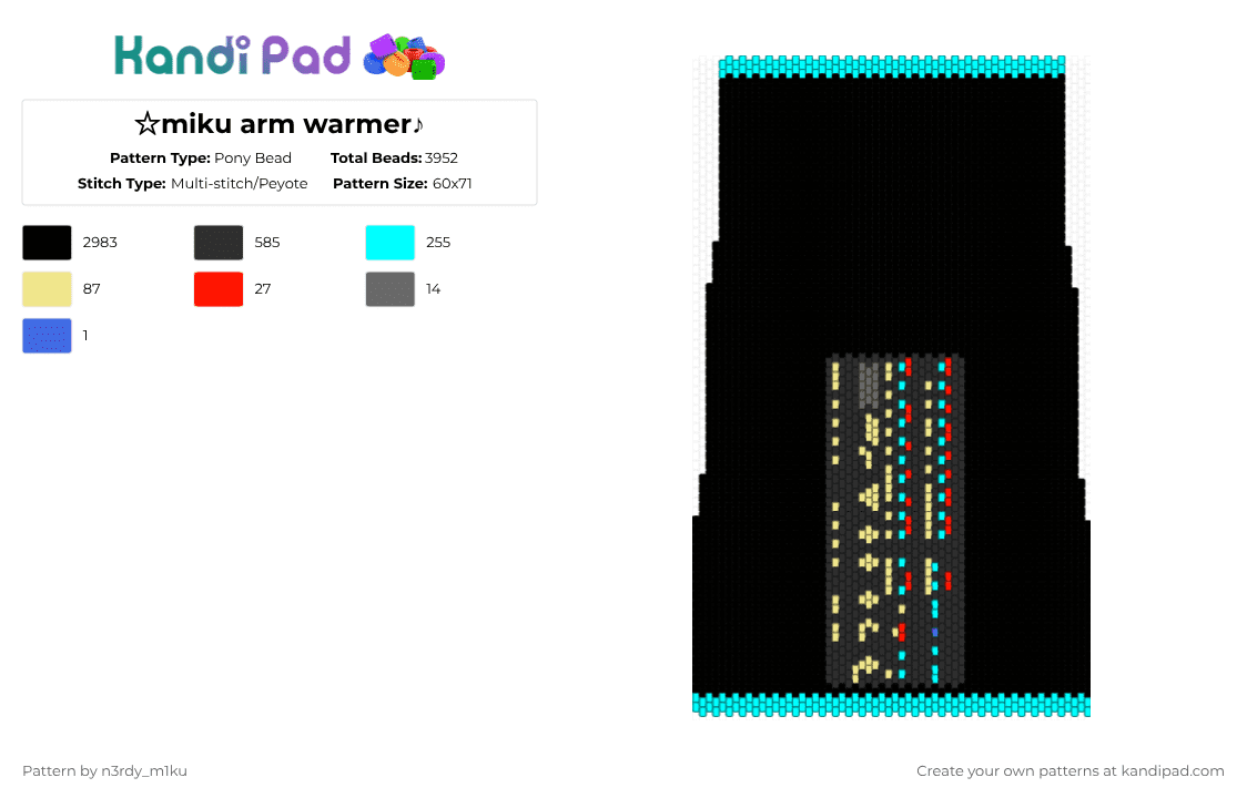 ☆miku arm warmer♪ - Pony Bead Pattern by n3rdy_m1ku on Kandi Pad - black,light blue,yellow,miku,hatsune miku,hatsune,hatsunemiku,vocaloid,cosplay,armwarmer,arm warmer