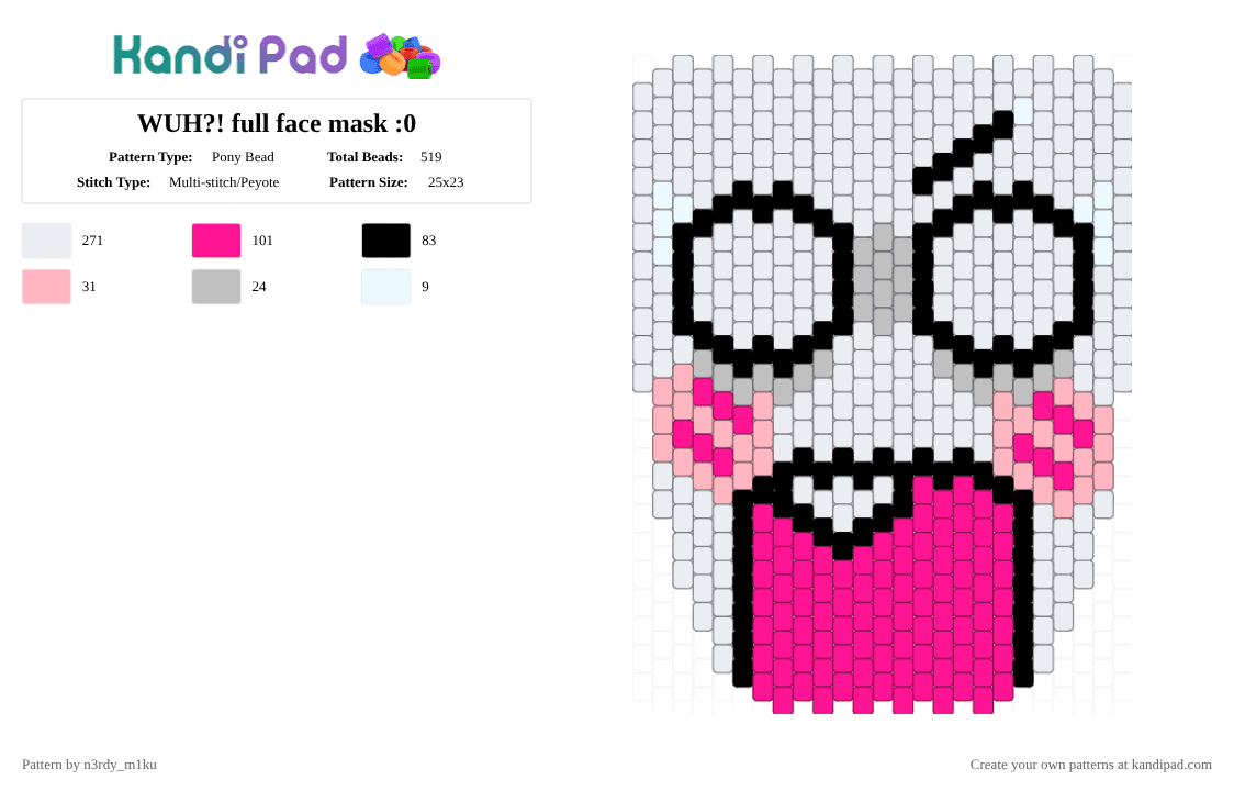 WUH?! full face mask :0 - Pony Bead Pattern by n3rdy_m1ku on Kandi Pad - white,pink,mask,shock,scene,anime,emoticon,emo,internet