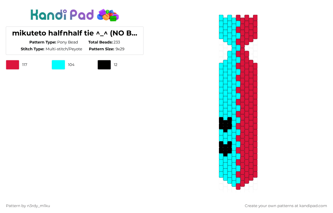 mikuteto halfnhalf tie ^_^ (NO BUTTONS) - Pony Bead Pattern by n3rdy_m1ku on Kandi Pad - light blue,red,hatsunemiku,kasaneteto,miku,teto,mikuteto,tie,half and half