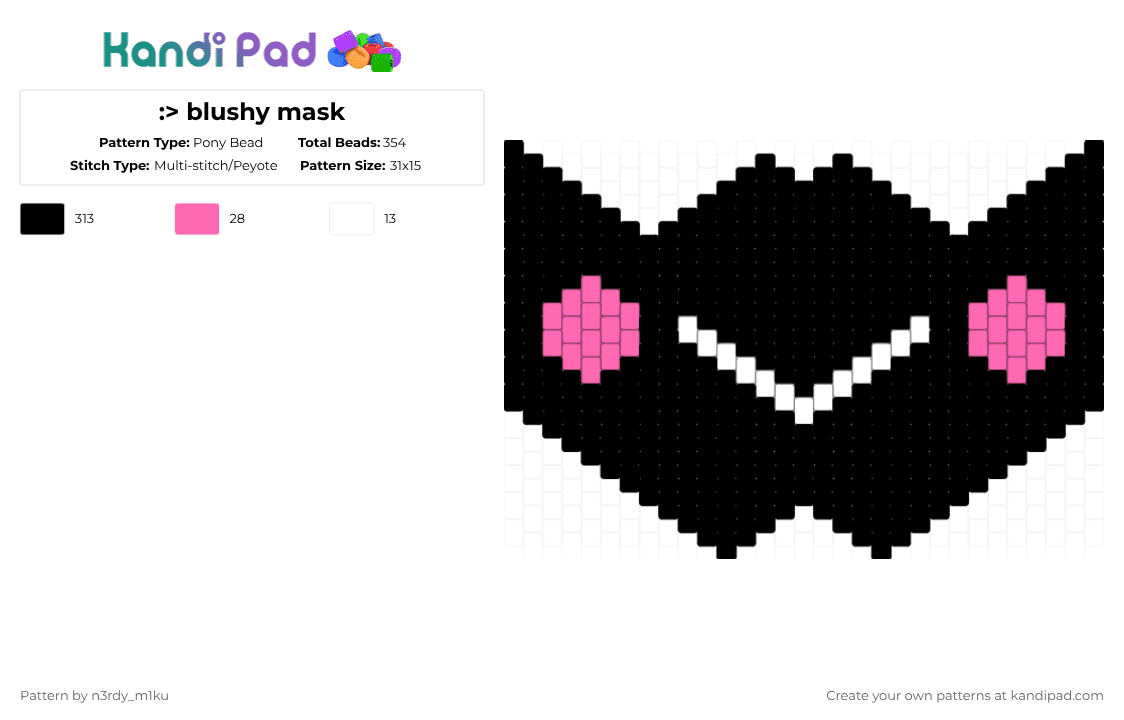 :> blushy mask - Pony Bead Pattern by n3rdy_m1ku on Kandi Pad - black,white,pink