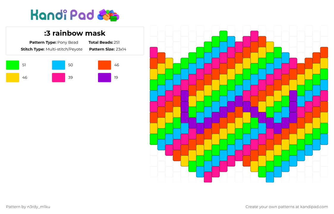 :3 rainbow mask - Pony Bead Pattern by n3rdy_m1ku on Kandi Pad - 3, colorful, colourful, decora, emoticon, green, mask, rainbow, red, silly