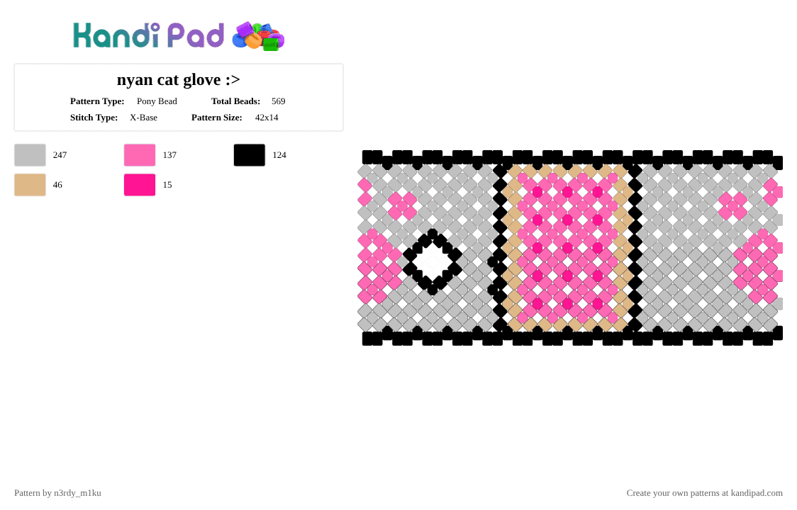 nyan cat glove :> - Pony Bead Pattern by n3rdy_m1ku on Kandi Pad - beige,pink,cotdcosplay,nyan,nyan cat,paw,glove,cosplay,cute,pop tart