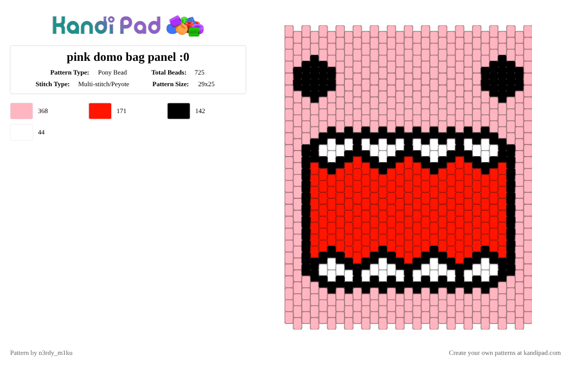 pink domo bag panel :0 - Pony Bead Pattern by n3rdy_m1ku on Kandi Pad - pink,red,domo,light pink,y2k,anime,bag,panel,bag panel