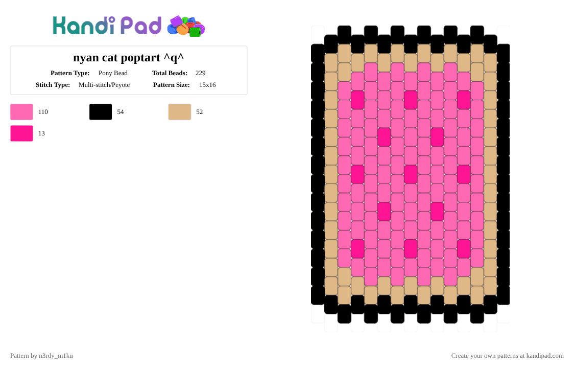 nyan cat poptart ^q^ - Pony Bead Pattern by n3rdy_m1ku on Kandi Pad - beige, charm, cosplay, cotdcosplay, cute, nyan, nyan cat, pink, pop tart, poptart