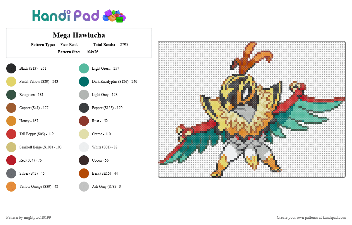 Mega Hawlucha - Fuse Bead Pattern by mightywolf0199 on Kandi Pad - red,teal,yellow,beige