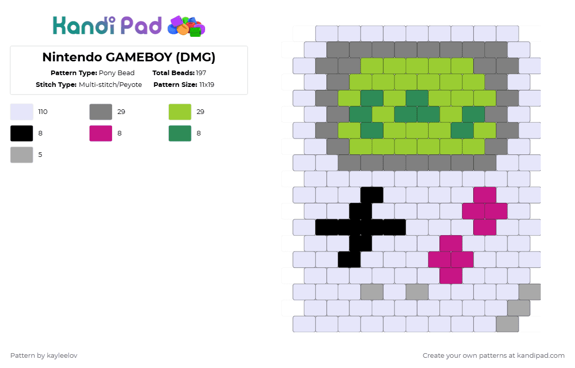 Nintendo GAMEBOY (DMG) - Pony Bead Pattern by kayleelov on Kandi Pad - gameboy,nintendo,video game,console,gaming,white,gray,green
