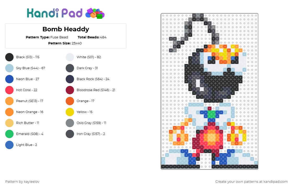 Bomb Headdy - Fuse Bead Pattern by kayleelov on Kandi Pad - light blue,red,orange,gray