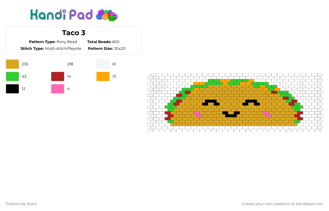 Taco 3 - Pony Bead Pattern by lelani on Kandi Pad - taco,cuff,cute,white,orange