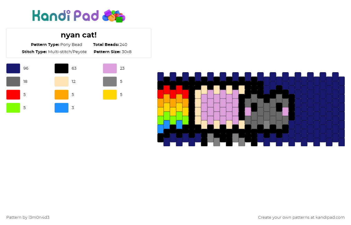 nyan cat! - Pony Bead Pattern by l3m0n4d3 on Kandi Pad - gray,pink,purple,cotdrainbows,nyancat,scenecore,kidcore,neon,kawaii,poptart