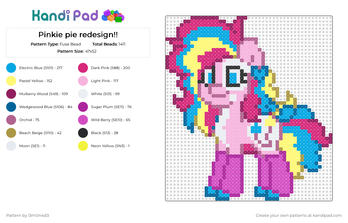 Pinkie pie redesign!! - Fuse Bead Pattern by l3m0n4d3 on Kandi Pad - big, cute, mlp, my little pony, pink, redesign