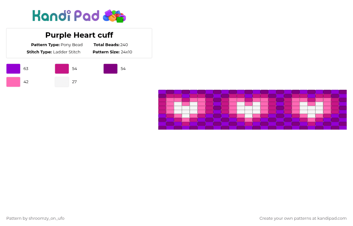 Purple Heart cuff - Pony Bead Pattern by shroomzy_on_ufo on Kandi Pad - pink,purple