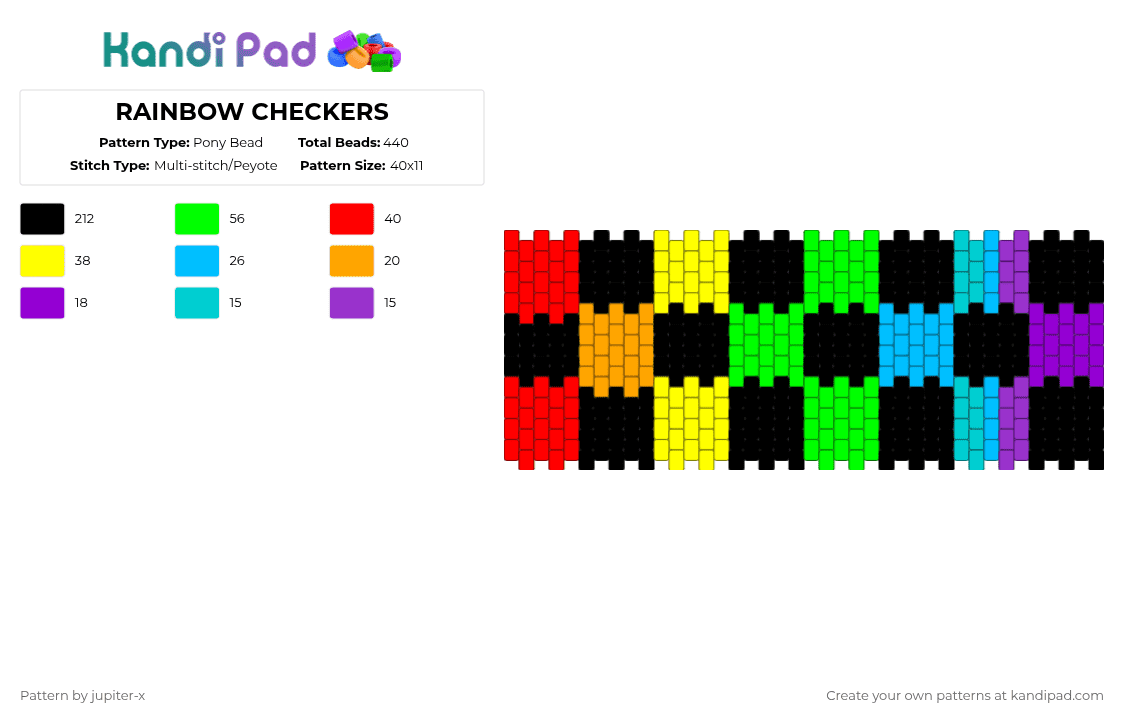 RAINBOW CHECKERS - Pony Bead Pattern by jupiter-x on Kandi Pad - black,yellow,light blue,colorful