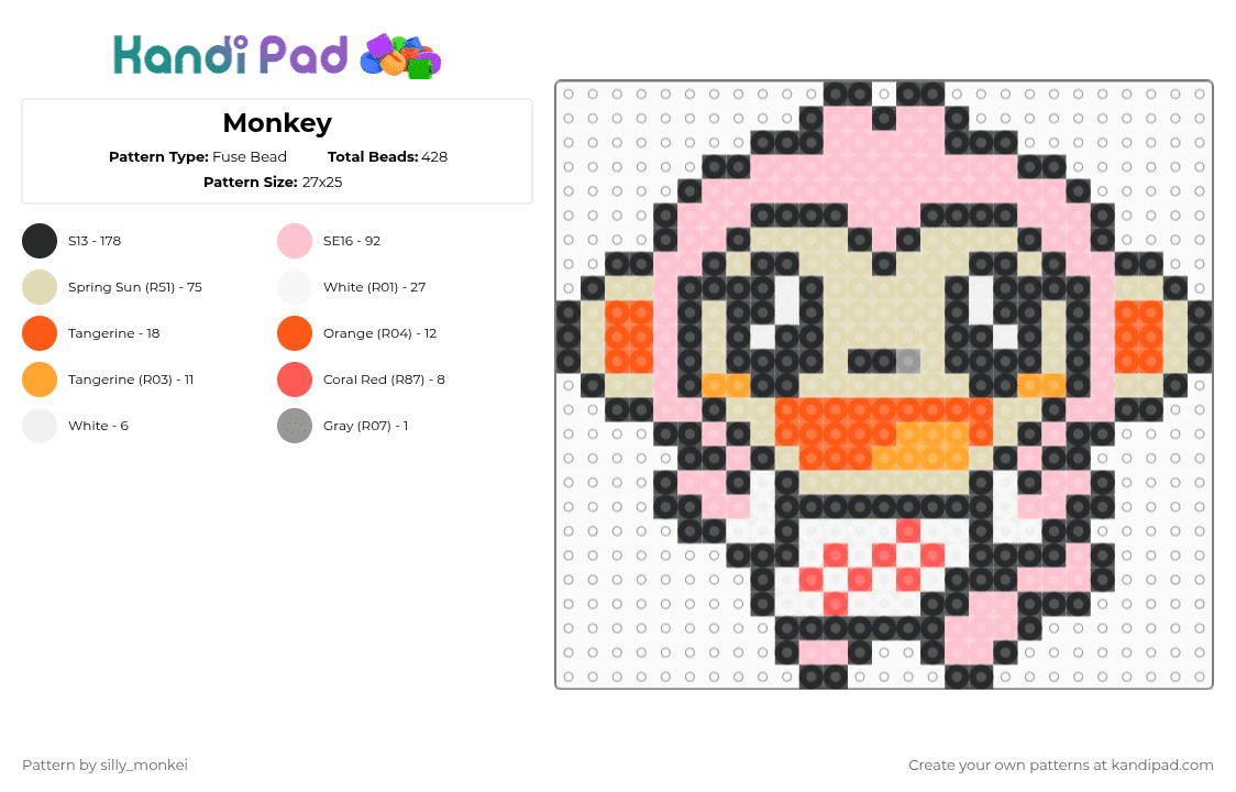 Monkey - Fuse Bead Pattern by silly_monkei on Kandi Pad - pink,orange,beige