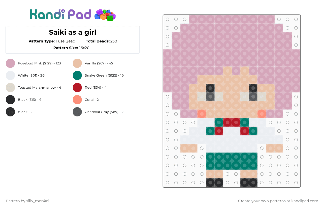 Saiki as a girl - Fuse Bead Pattern by silly_monkei on Kandi Pad - beige, pink