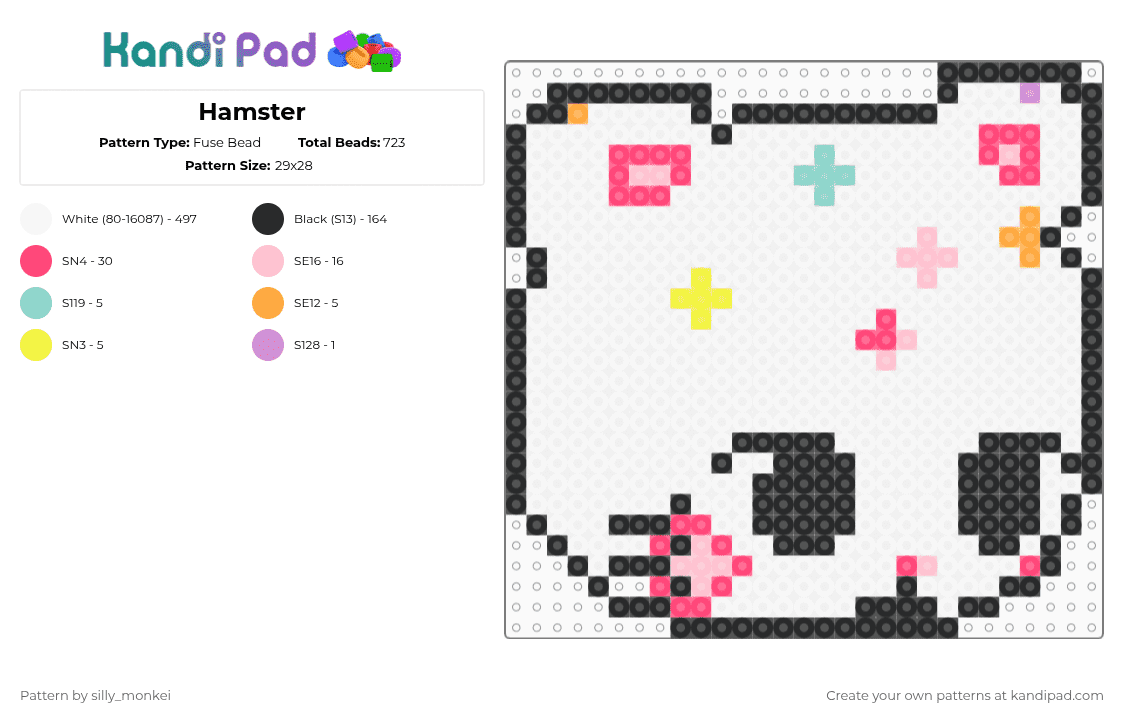 Hamster - Fuse Bead Pattern by silly_monkei on Kandi Pad - hamster,animal,rodent,sparkles,kawaii,white,red,pink