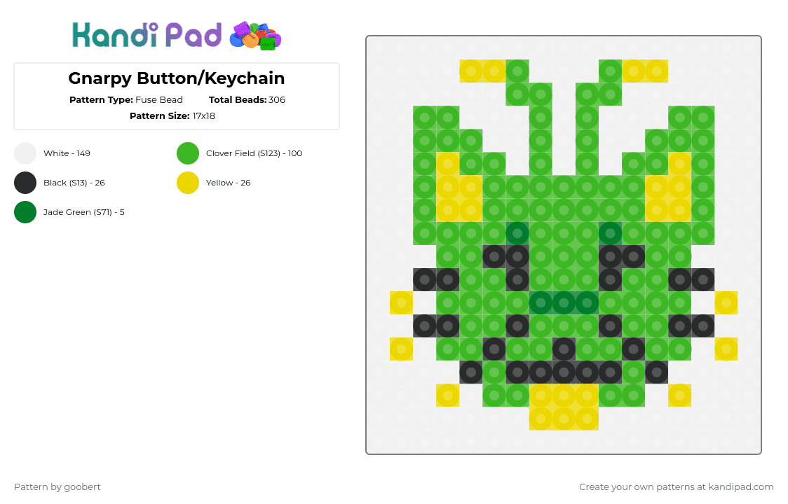 Gnarpy Button/Keychain - Fuse Bead Pattern by gnarpy_kitty2000 on Kandi Pad - green,gnarpy