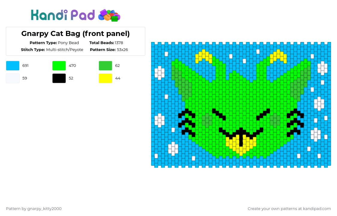 Gnarpy Cat Bag (front panel) - Pony Bead Pattern by gnarpy_kitty2000 on Kandi Pad - light blue,green,gnarpy