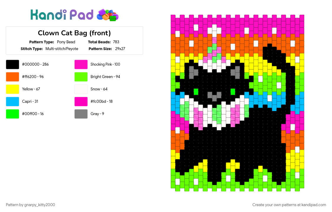 Clown Cat Bag (front/back) - Pony Bead Pattern by gnarpy_kitty2000 on Kandi Pad - green, orange, pink, yellow