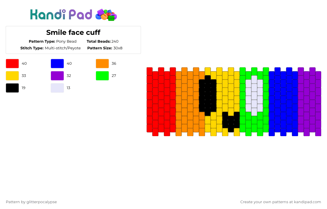 Smile face cuff - Pony Bead Pattern by glitters on Kandi Pad - red,purple