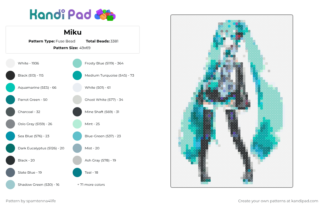 Miku - Fuse Bead Pattern by spamtenna4life on Kandi Pad - 