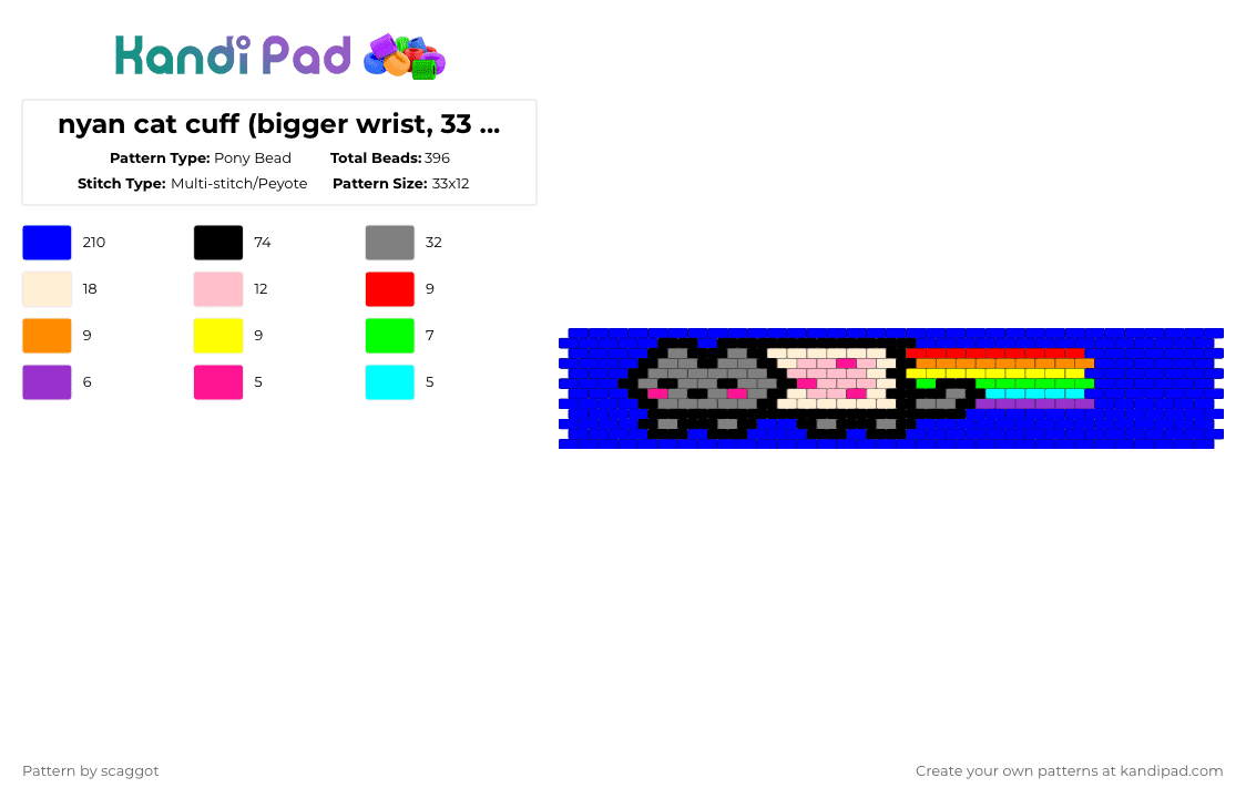 nyan cat cuff (bigger wrist, 33 beads) - Pony Bead Pattern by s1llyf3ll0w on Kandi Pad - gray,purple,nyan cat,cat,rainbow,scene,scenecore,nyan