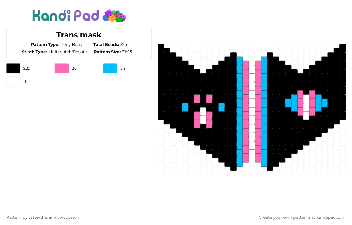 Trans mask - Pony Bead Pattern by taste-therain-bowbyatch on Kandi Pad - black,light blue,pink,pride,trans,transgender