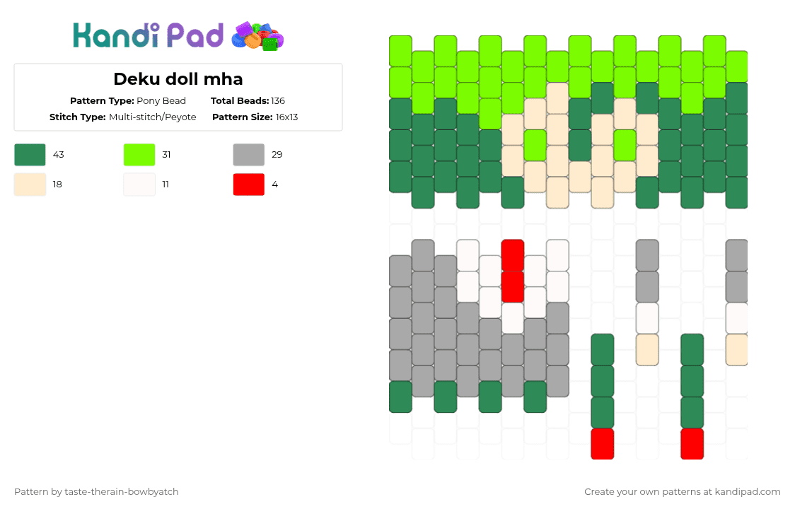 Deku doll mha - Pony Bead Pattern by taste-therain-bowbyatch on Kandi Pad - green,beige,mha,anime,deku,izuku,midorya,bnha