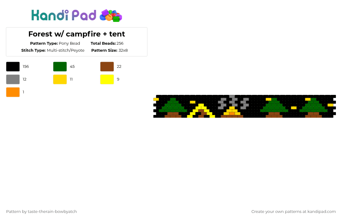 Forest w/ campfire + tent - Pony Bead Pattern by taste-therain-bowbyatch on Kandi Pad - black,yellow,red,green,cotdcamping,campfire,camping,forest