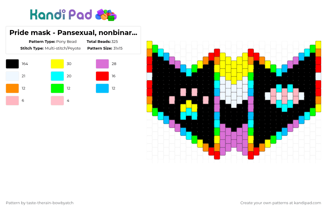 Pride mask - Pansexual, nonbinary, trans - Pony Bead Pattern by taste-therain-bowbyatch on Kandi Pad - black,yellow,light blue,pink,pride,gay,pansexual,nonbinary,trans,transgender,mask