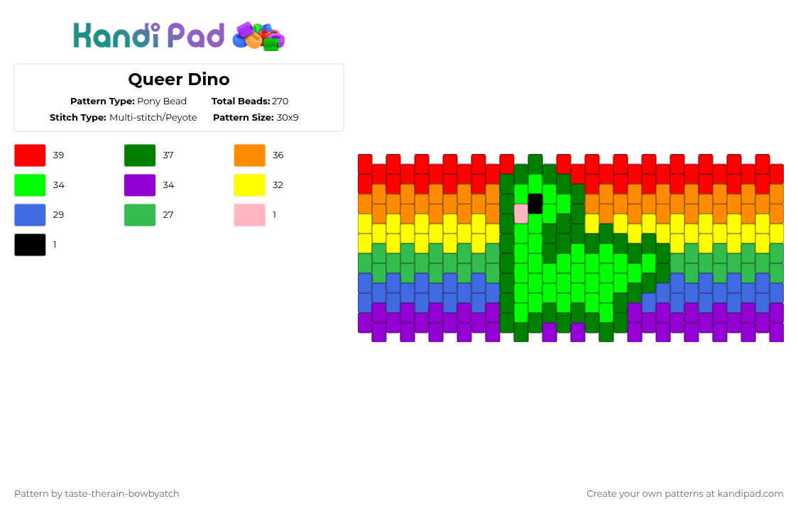 Queer Dino - Pony Bead Pattern by taste-therain-bowbyatch on Kandi Pad - red,green,orange,pride,dino,dinosaur