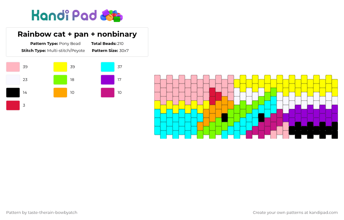 Rainbow cat + pan + nonbinary - Pony Bead Pattern by taste-therain-bowbyatch on Kandi Pad - pink,yellow,light blue,pride,cat,therian,nonbinary,pansexual,pan