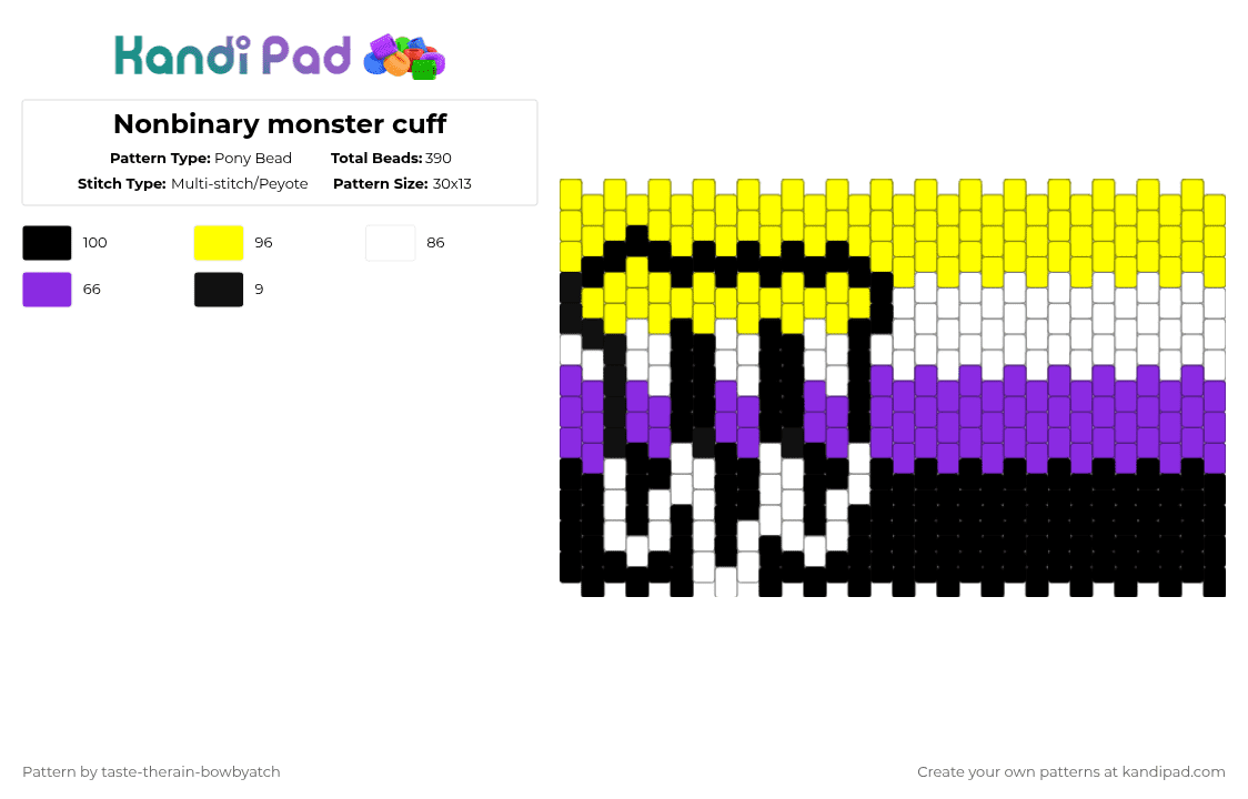 Nonbinary monster cuff - Pony Bead Pattern by taste-therain-bowbyatch on Kandi Pad - yellow,purple,pride,monster,energy drink,nonbinary