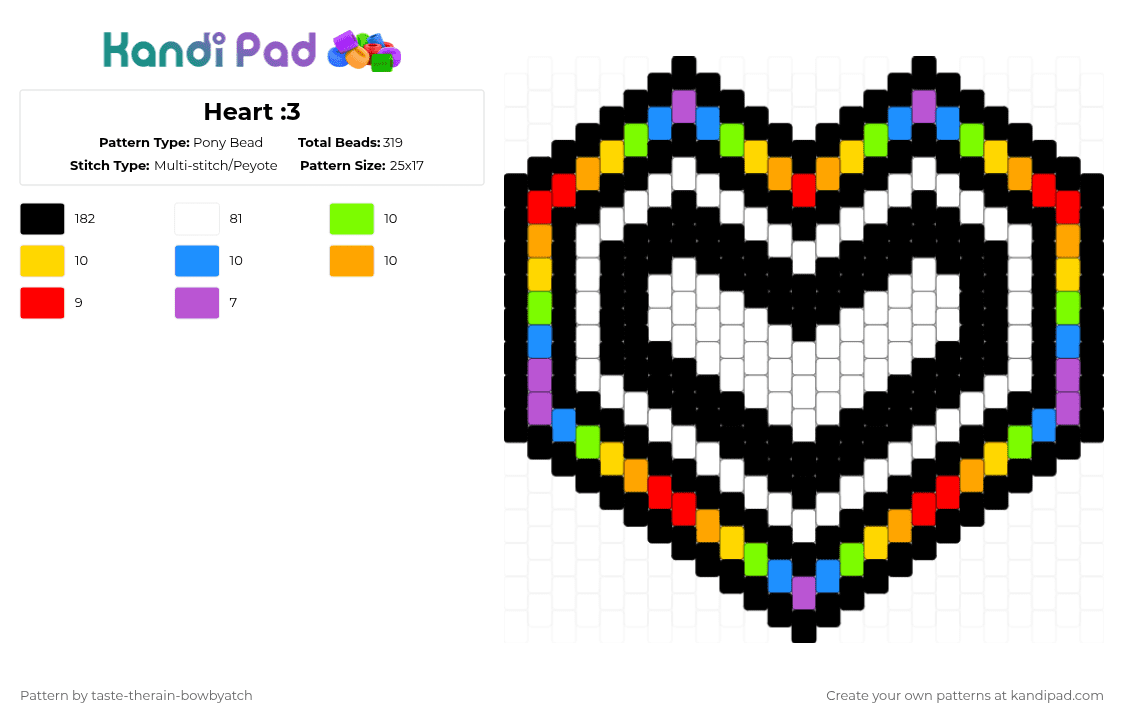 Heart :3 - Pony Bead Pattern by taste-therain-bowbyatch on Kandi Pad - black,white,yellow,orange,colorful,rainbow,love,heart