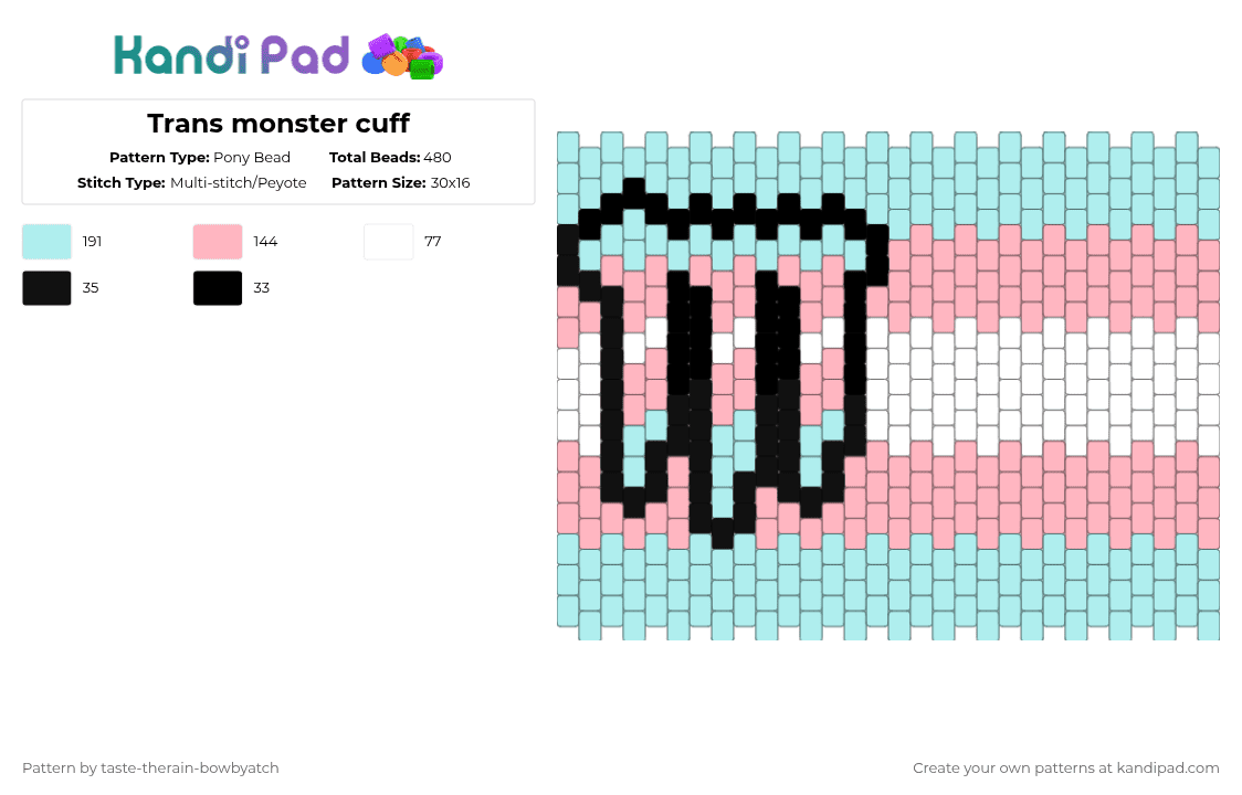 Trans monster cuff - Pony Bead Pattern by taste-therain-bowbyatch on Kandi Pad - pink,light blue,pride,trans,transgender