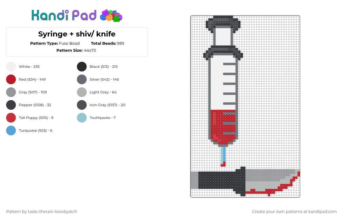 Syringe + shiv/ knife - Fuse Bead Pattern by taste-therain-bowbyatch on Kandi Pad - gray,red,blood,weapons
