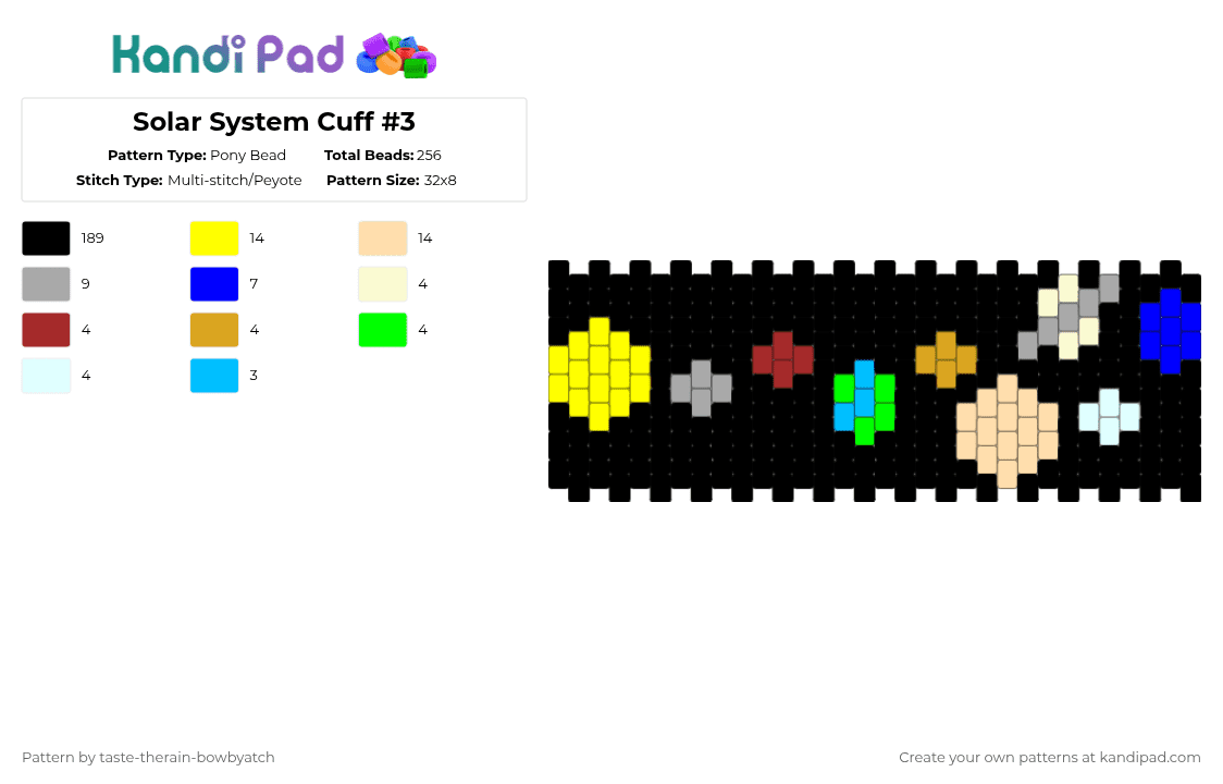 Solar System Cuff #3 - Pony Bead Pattern by taste-therain-bowbyatch on Kandi Pad - black,beige,yellow,solar system,space,planets