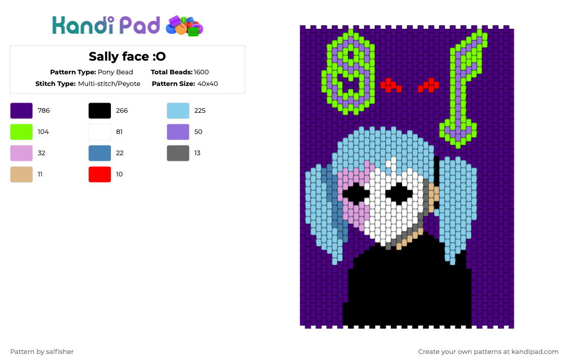 Sally face :O - Pony Bead Pattern by salfisher on Kandi Pad - purple,light blue