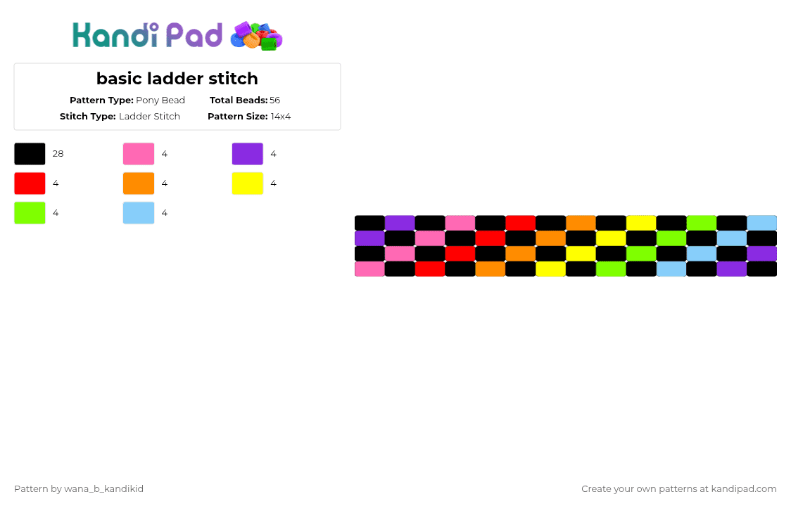 basic ladder stitch - Pony Bead Pattern by wana_b_kandikid on Kandi Pad - black,purple,orange,green,colorful,rainbow