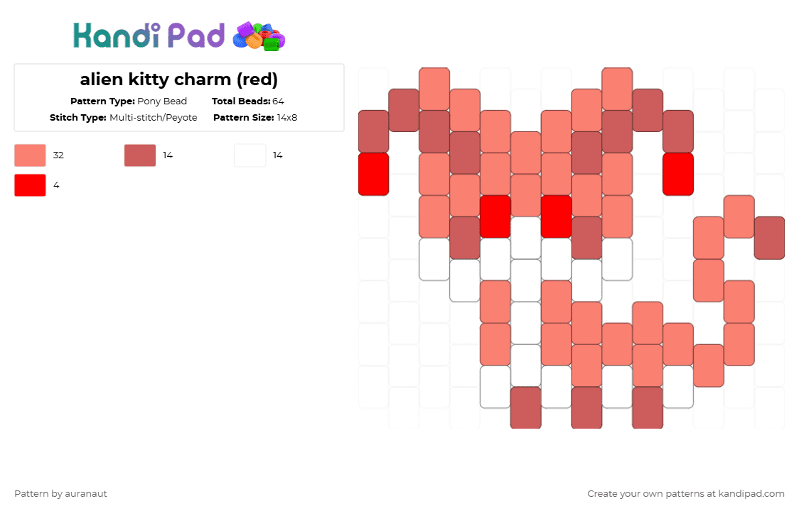 alien kitty charm (red) - Pony Bead Pattern by auranaut on Kandi Pad - alien, centipede, charm, cute, insect, kitty, orange, red, silly