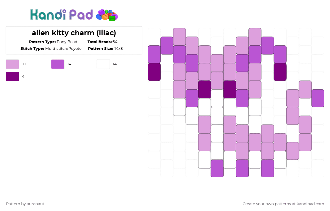 alien kitty charm (lilac) - Pony Bead Pattern by auranaut on Kandi Pad - alien, centipede, charm, cute, insect, kitty, pink, silly