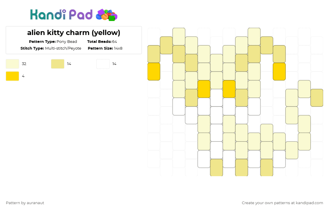 alien kitty charm (yellow) - Pony Bead Pattern by auranaut on Kandi Pad - alien, centipede, charm, cute, insect, kitty, silly, white, yellow