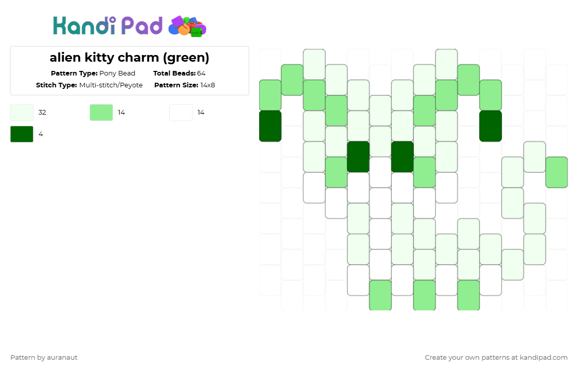 alien kitty charm (green) - Pony Bead Pattern by auranaut on Kandi Pad - white,teal,kitty,silly,charm,pink,centipede,cute,insect