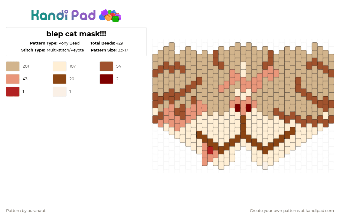 blep cat mask!!! - Pony Bead Pattern by auranaut on Kandi Pad - beige,cat,mask,cute,animal,striped