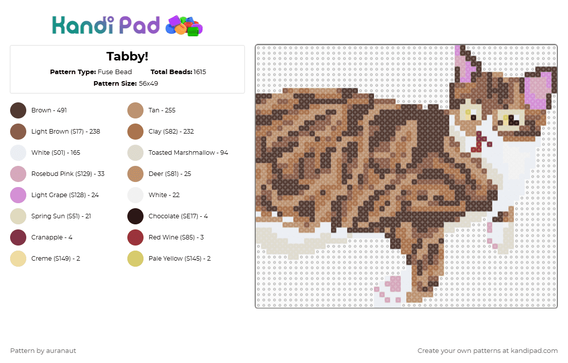 Tabby! - Fuse Bead Pattern by auranaut on Kandi Pad - tan,brown,beige,cat,tabby,striped,cute,kitty,warrior cats,animal