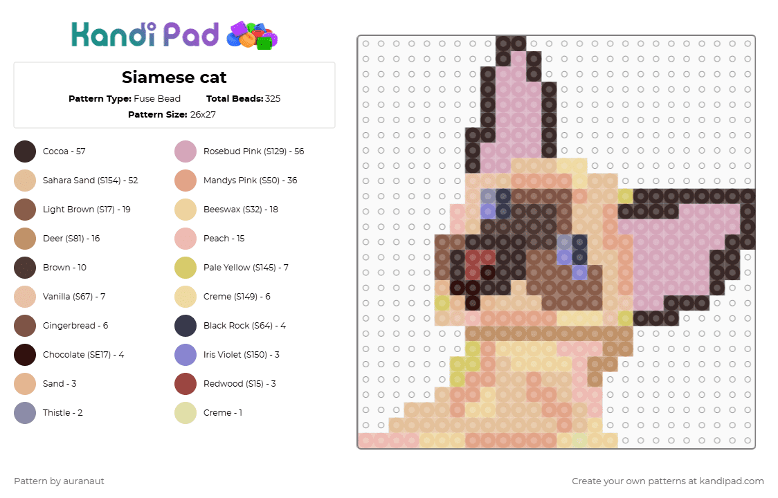 Siamese cat - Fuse Bead Pattern by auranaut on Kandi Pad - beige,tan,brown,pink,cats,siamese,cute,animals