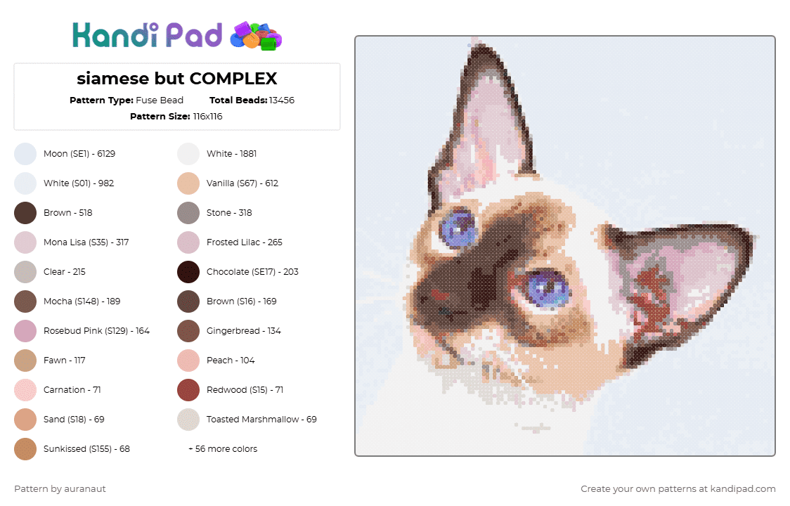 siamese but COMPLEX - Fuse Bead Pattern by auranaut on Kandi Pad - white,beige,brown,tan,colorful,cat,siamese,cute,complex,perler,hours
