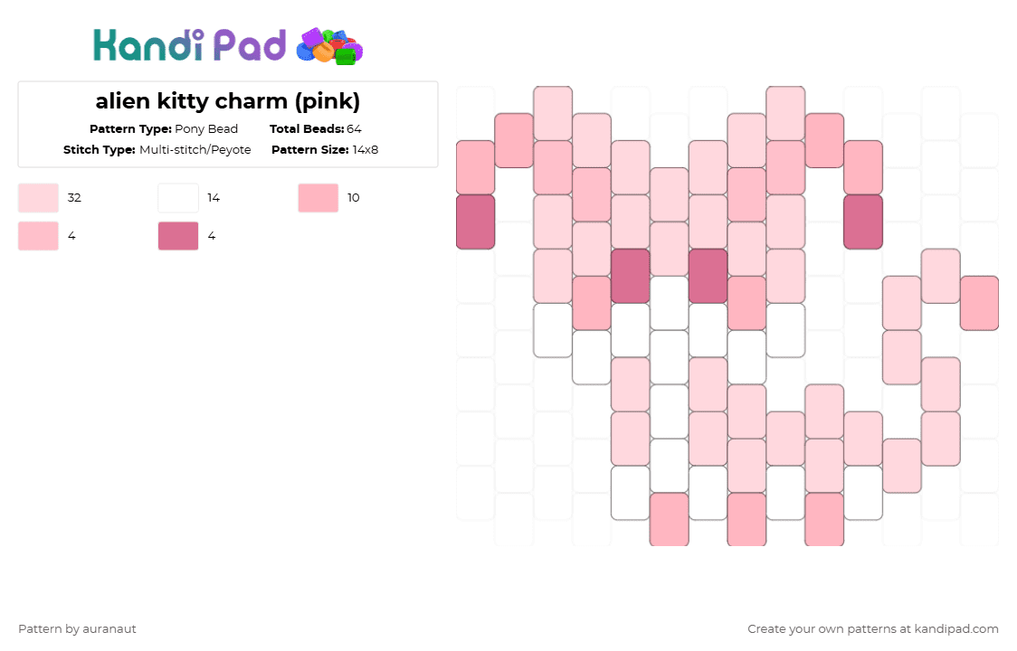 alien kitty charm (pink) - Pony Bead Pattern by auranaut on Kandi Pad - white,pink,kitty,centipede,alien,cute,insect,silly,charm