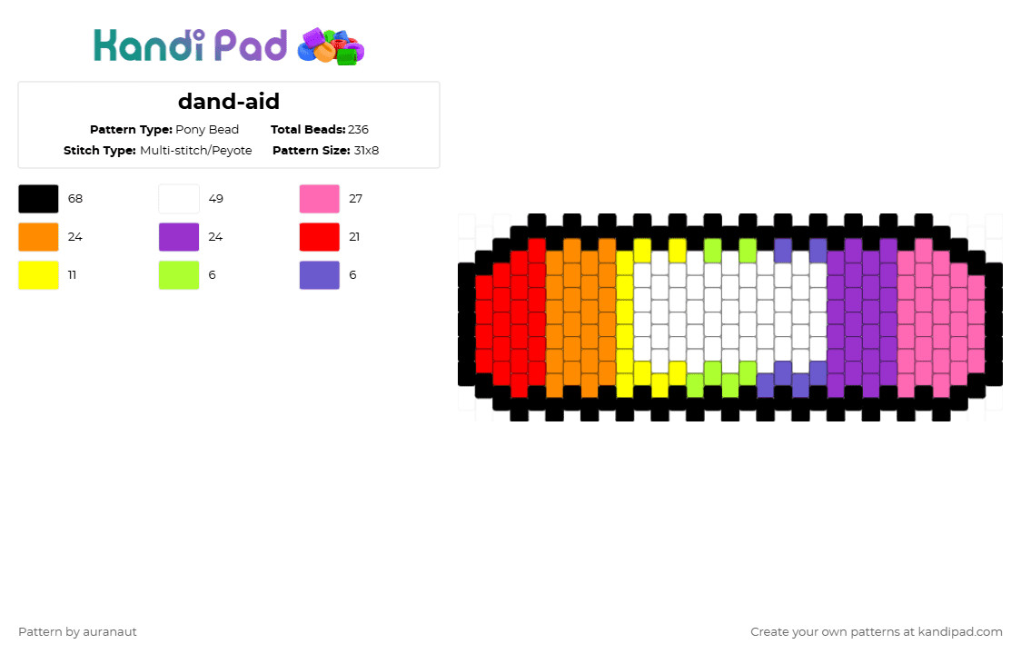 dand-aid - Pony Bead Pattern by auranaut on Kandi Pad - red,orange,purple,pink,dandys world,dandaid,bandaid,rainbow,roblox,qwelver,qwel,cute