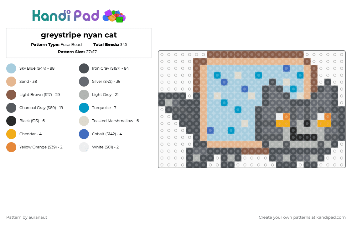 greystripe nyan cat - Fuse Bead Pattern by auranaut on Kandi Pad - purple,gray,beige,light blue,warrior cats,nyan cat,animal,pop tart,cat,greystripe,frosty,winter